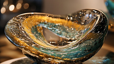 A translucent glass bowl featuring swirling patterns of gold and teal, creating a decorative and artistic effect.の素材