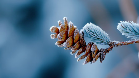 Two brown pine cones and a spruce branch are covered in frost, creating a wintery scene with a cool color palette.の素材