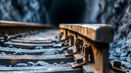 A detailed view of a rusty steel rail secured to a weathered wooden sleeper with old metal bolts and clips, surrounded by gray gravel ballast.の素材