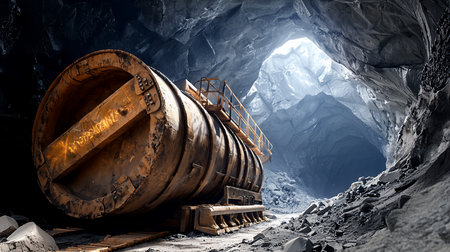 A large, weathered, rusty industrial drum with a metal platform and railing sits on tracks within a dimly lit, rocky cave.の素材