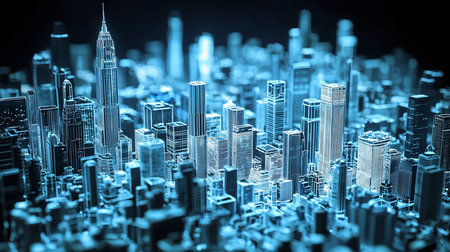 A detailed miniature cityscape featuring numerous buildings, rendered in cyan and white with intricate line work, creating a futuristic architectural model.の素材