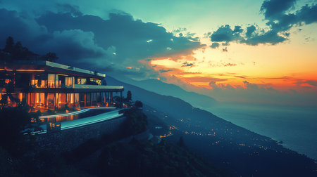 A stunning modern villa with expansive glass windows and an illuminated infinity pool, perched on a cliffside overlooking the ocean at dusk.の素材