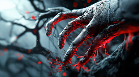 Close-up of a dark, deeply cracked hand with rough, dry texture. Intense glowing red intricate veins and tendrils spread across the fingers, posed in a grasping motion.の素材