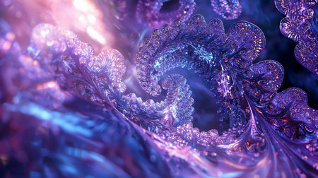 Detailed fractal spirals with intricate textures, showcasing a blend of purple and blue hues, with a glossy, reflective surface. The design features complex patterns.の素材