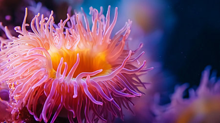 A vibrant sea anemone with numerous soft, flowing tentacles in shades of pink and purple, radiating from a glowing yellow-orange center.の素材