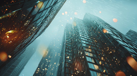 Towering glass skyscrapers with illuminated windows reflect the city lights, creating a dazzling urban night scene with a bokeh effect.の素材