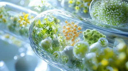 Intricate microscopic botanical elements, including vibrant orange and green flora, are meticulously preserved within clear laboratory glassware, showcasing delicate textures and structures.の素材