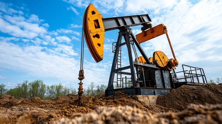 An oil pump jack, painted yellow and black, stands in a field. The machinery is designed for extracting oil.の素材