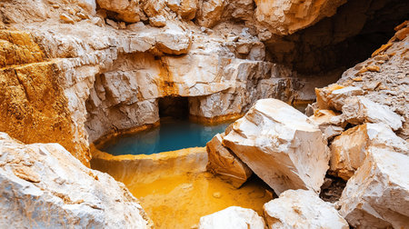 A natural cave pool features turquoise water surrounded by rocky walls and formations. The rocks have various textures and colors.の素材