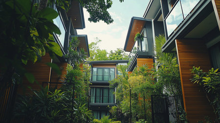 Contemporary villas featuring natural wood siding, dark accents, and abundant tropical foliage surrounding them.の素材