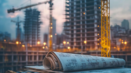 Detailed architectural blueprints are rolled and stacked on a surface, with a blurred construction site and cranes in the background.の素材