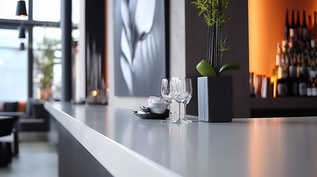 A smooth, reflective gray bar top holds three empty crystal wine glasses, small white bowls, and a square black vase with a green plant.の素材