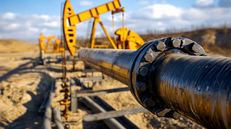 Close-up of a dark, heavy-duty metal pipeline section with a large bolted flange, showcasing a textured, slightly reflective surface with visible bolts.の素材