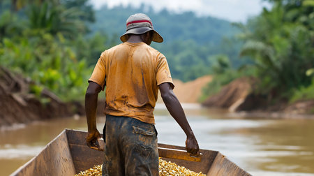 Man in dirty yellow t-shirt and wide-brimmed hat, standing in a rustic wooden boat. Boat filled with raw gold nuggets; he holds a wooden tool.の素材
