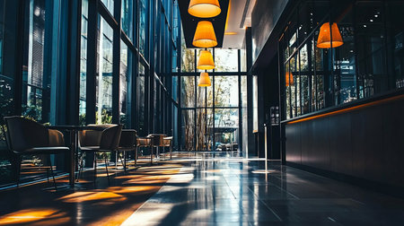 A contemporary restaurant interior featuring floor-to-ceiling windows, a polished reflective floor, and a row of empty tables and chairs illuminated by warm sunlight.の素材