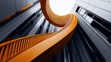 A vibrant orange, slatted spiral staircase curves upwards, contrasting with the dark, geometric facade of a contemporary building.の素材