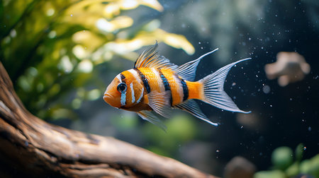 A vibrant orange Ram Cichlid with black and blue stripes, showcasing delicate, translucent fins and a distinctive white marking near its eye.の素材