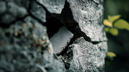 Close-up of a jagged gray rock formation featuring a rectangular concrete slab fragment nestled within its crevices, displaying a rough, textured surface.の素材