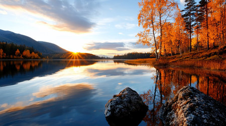 A tranquil lake reflects the sky and golden autumn trees, with rocks in the foreground, capturing a peaceful natural landscape.の素材
