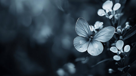 A monochrome butterfly with detailed veined wings is perched on a plant, showcasing its delicate features.の素材