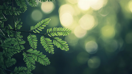A close-up view of a plant branch featuring small, symmetrical, pinnately compound green leaves. The foliage is backlit, creating a glowing outline and highlighting fine details.の素材