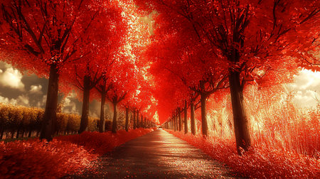 A dramatic, symmetrical view down a long road lined with trees, their foliage a surreal, glowing crimson, covering the ground and canopy.の素材