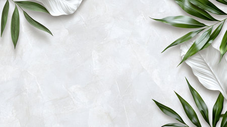 Vibrant green and elegant white tropical leaves are artfully arranged on a light, textured surface, creating a natural and sophisticated composition.の素材