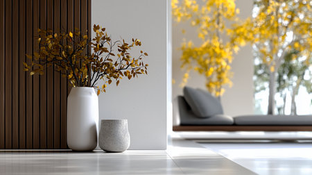 A tall, smooth white vase holds a delicate arrangement of branches with golden-yellow autumn leaves, next to a small, rough-textured grey pot.の素材