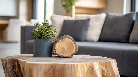 A natural wood log with visible growth rings and a small potted plant with green leaves are placed on a textured wooden table.の素材