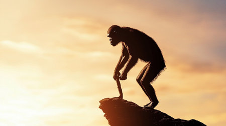 A dark silhouette of a chimpanzee stands on a rocky outcrop, holding a stick, against a warm, hazy sunset sky.の素材