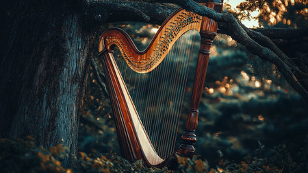 An elegant concert pedal harp crafted from polished dark wood, featuring a fluted column, a curved neck with tuning pins, and a full set of vertical strings.の素材