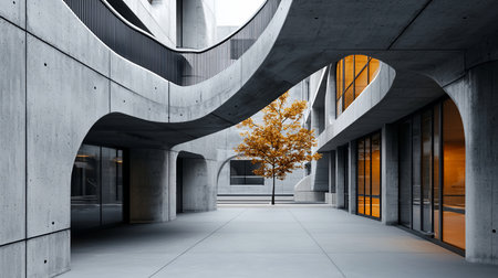 Minimalist grey concrete structure with smooth, undulating forms and a solitary golden-leafed tree. Large windows reflect warm light from within.の素材
