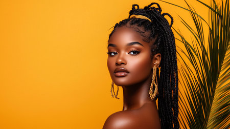 A beautiful Black woman with intricate braided hair and large, ornate golden earrings, posing elegantly against a vibrant orange background.の素材
