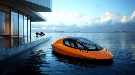 A vibrant orange, futuristic watercraft with a sleek, aerodynamic design rests on calm blue water, its tinted canopy reflecting the sky.の素材