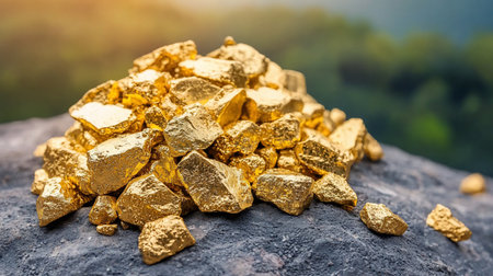 A collection of bright, golden nuggets piled on a dark gray rock, showcasing their metallic luster and rough, irregular shapes.の素材