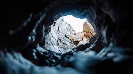 Dark, textured rock formation framing a narrow, rugged passage leading towards a bright, sunlit opening with rough stone walls.の素材