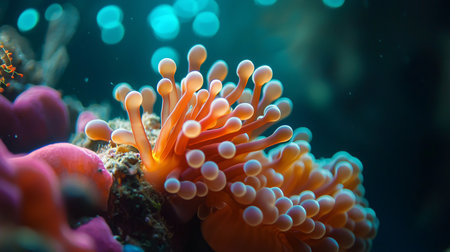 Close-up of a bubble-tip anemone featuring orange tentacles with bulbous tips, attached to a textured rock formation in an aquarium setting.の素材