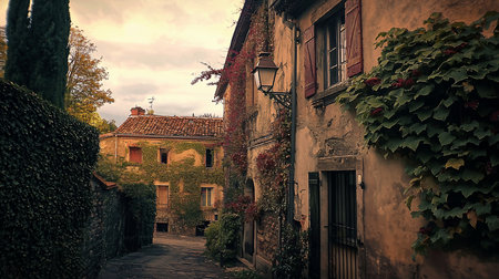 Old stone buildings with red-tiled roofs and wooden shutters, adorned with climbing ivy and a vintage street lamp.の素材