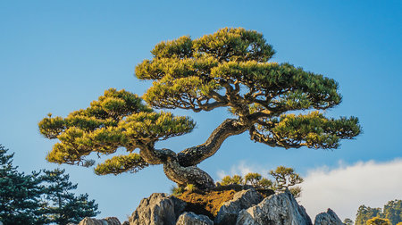 A gnarled bonsai tree with dense green foliage sits atop a rocky outcrop, showcasing its unique, twisted trunk and branch structure.の素材