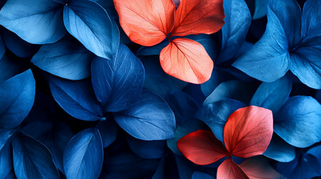 Close-up view of textured leaves, featuring a striking contrast between deep blue and vibrant coral hues, creating a natural abstract pattern.の素材