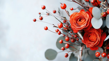 Close-up of a floral arrangement featuring two vibrant orange roses with layered petals, accompanied by red berries and green eucalyptus leaves.の素材