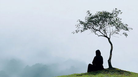 A dark silhouette of a hooded person sitting in contemplation on a grassy hill under a lone, slender tree.の素材