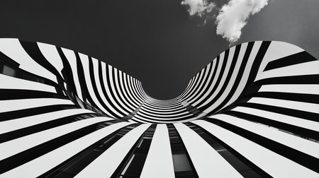 A low-angle perspective of a contemporary building's facade, featuring a dynamic, curving shape and a striking pattern of black and white stripes.の素材