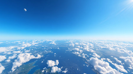 High-altitude view showcasing Earth's atmosphere, featuring a vast expanse of clouds, blue ocean, and a crescent moon. The sky is a gradient of blue.の素材