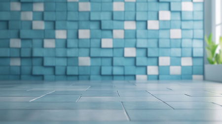 A textured wall featuring a pattern of blue and white cubes, creating a modern and abstract design element in an interior space.の素材