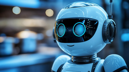 A close-up of a friendly-looking robot with a white and black design. It has glowing blue eyes, a smiling expression, and a metallic neck.の素材