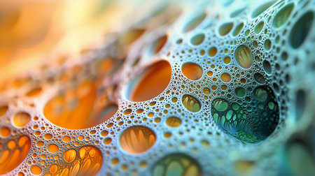 Close-up view of a textured surface composed of numerous small, interconnected bubbles, reflecting warm orange and cool green hues.の素材