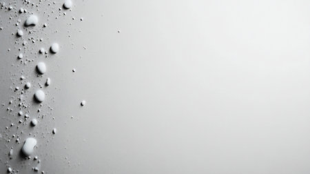 An abstract macro view of opaque white liquid drops and splatters of varying sizes, with smooth rounded forms and a granular texture.の素材