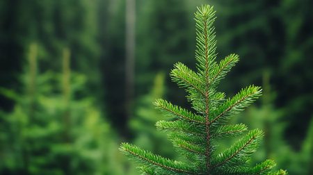 A detailed view of a fresh, green spruce tree branch, showcasing its fine needles and textured bark against a blurred forest background.の素材