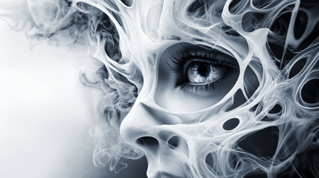 A close-up of a human face, partially obscured by swirling, abstract smoke. The eye is in focus, with long eyelashes and a detailed iris.の素材